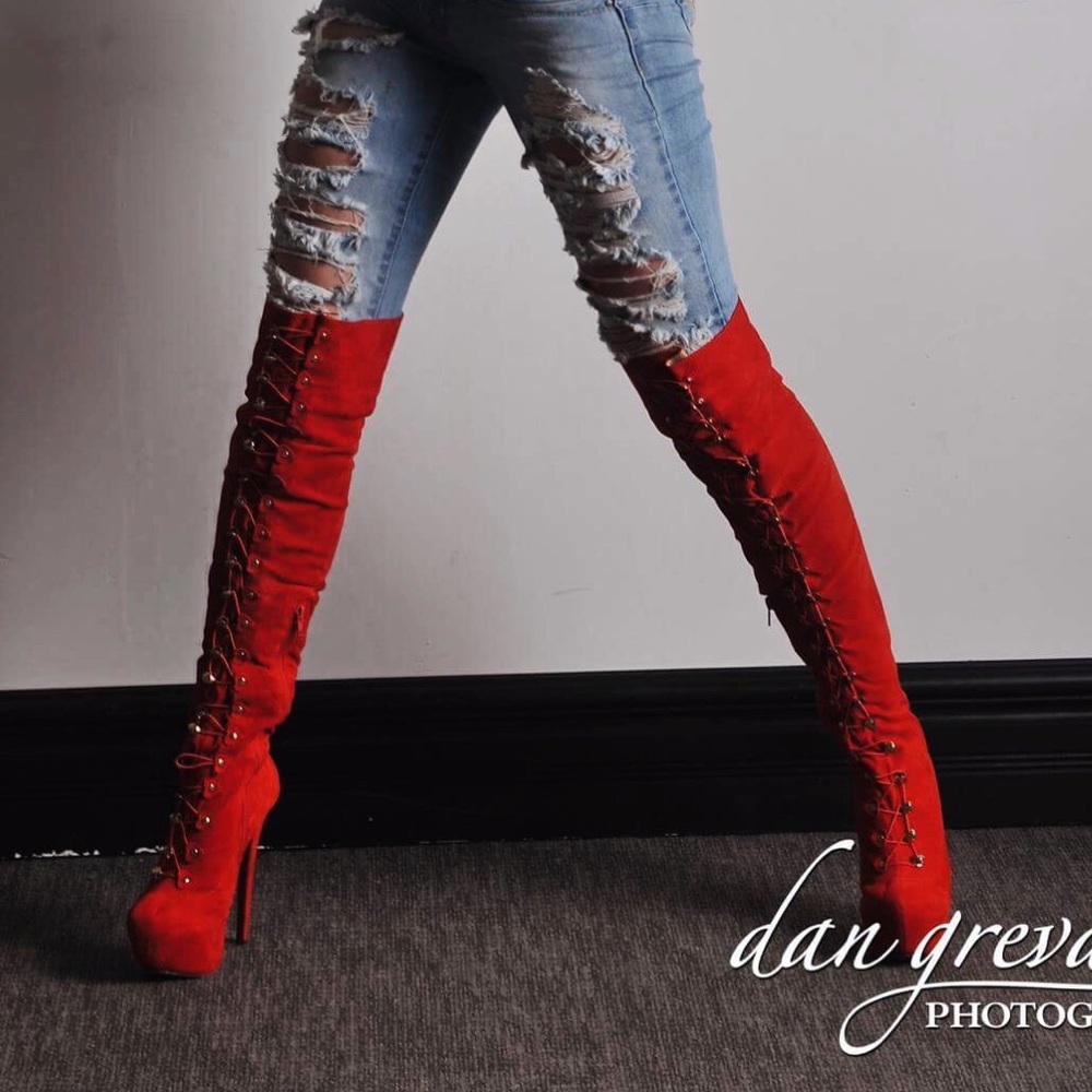 Red thigh high platform boots